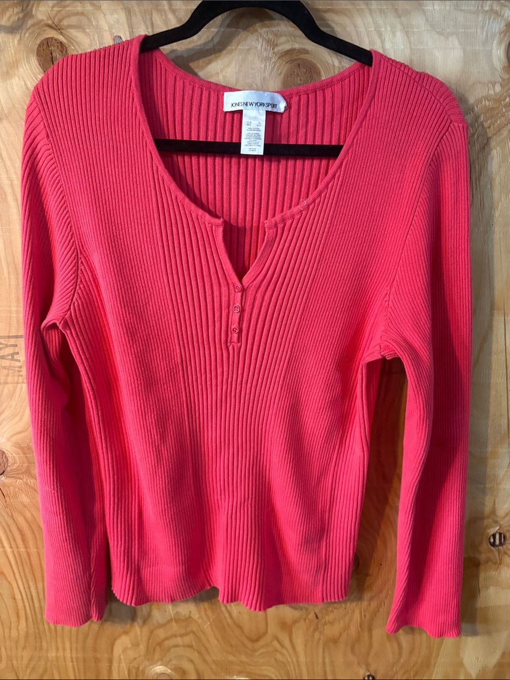 Jones New York Coral Pink Ribbed Scoop Henley Sweater